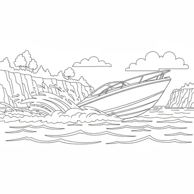 A speedboat racing across open water, the bow up at a steep angle coloring page