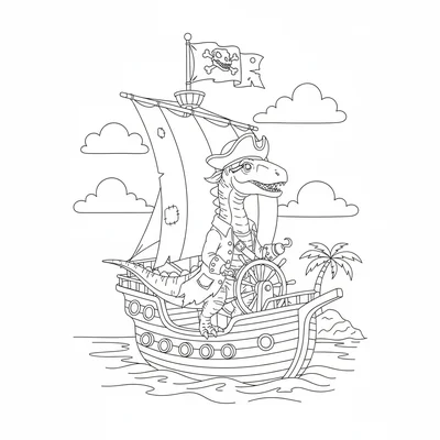 A Spinosaurus captaining a pirate ship, standing at the hel… coloring page