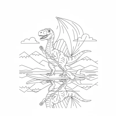 A Spinosaurus paddleboarding on a calm lake, standing uprig… coloring page