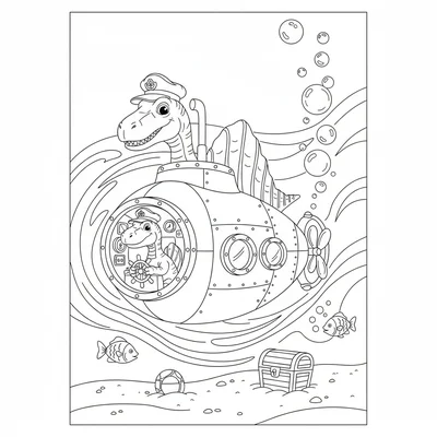 A Spinosaurus piloting a submarine, visible through a large… coloring page