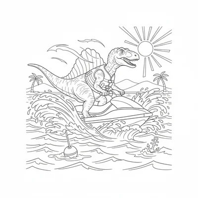 A Spinosaurus riding a jet ski across choppy water, spray a… coloring page