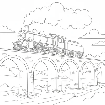 A steam train crossing a tall stone arch bridge, steam puffing coloring page