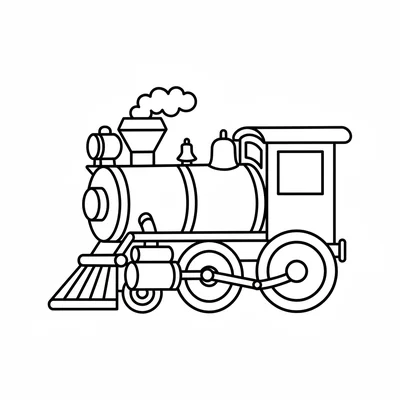 A simple steam train locomotive with a large barrel boiler, a round smokestack coloring page
