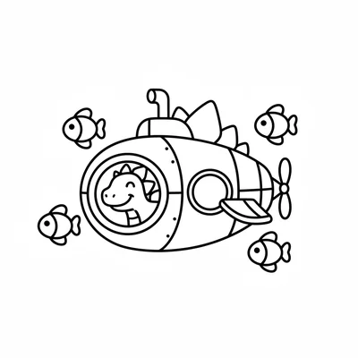 A Stegosaurus inside a chunky submarine with a round porthole window, plates vi… coloring page