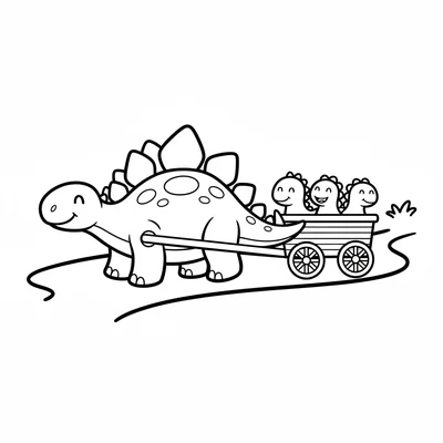 A Stegosaurus pulling a small wooden wagon filled with three baby dinos, rollin… coloring page