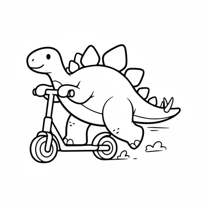 A Stegosaurus riding a chunky scooter, one foot on the platform and one pushing… coloring page