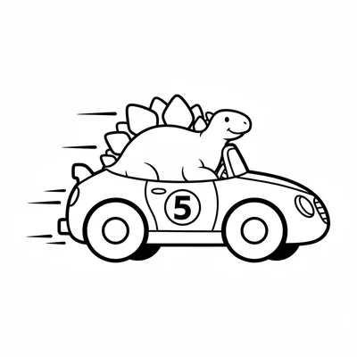 A Stegosaurus sitting in a chunky race car, plates sticking up through the roof… coloring page