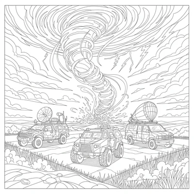 A storm-chaser convoy with 3 specialized vehicles, a heavily armored intercept coloring page