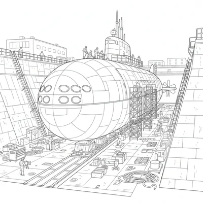 A submarine refit in a naval dry dock, the sub out of water showing its full coloring page