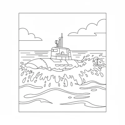 A submarine surfacing from below the ocean, the conning tower breaking coloring page