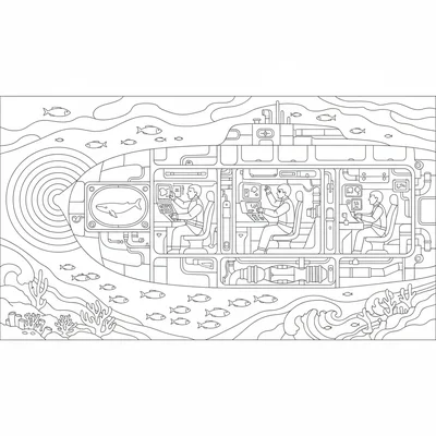 A submarine voyage scene, cutaway view showing coloring page