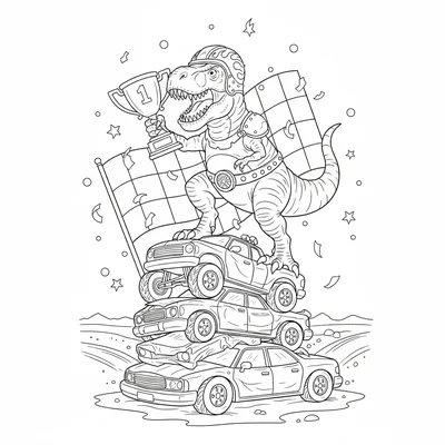 A T-Rex as a monster truck rally champion, standing on top… coloring page