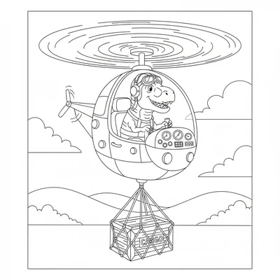 A T-Rex as helicopter pilot, sitting in the cockpit with he… coloring page