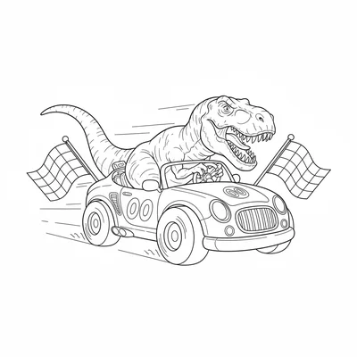 A T-Rex barely fitting inside a race car, head and tail sticking out both ends,… coloring page