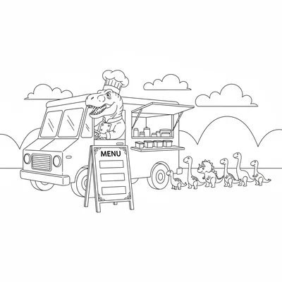 A T-Rex driving a food truck with a serving window open, we… coloring page