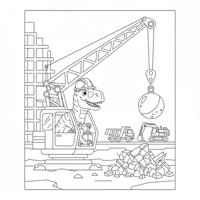 A T-Rex operating a crane at a construction site, sitting i… coloring page