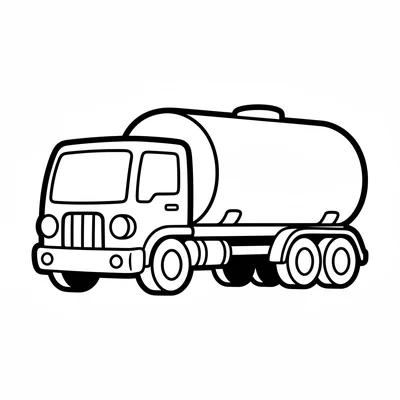 A simple tanker truck with a long cylindrical tank in the back, a boxy cab coloring page