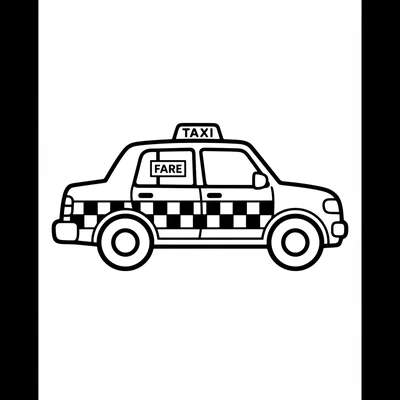 A simple taxi cab with a boxy sedan body, a taxi roof light on top, 4 wheels coloring page