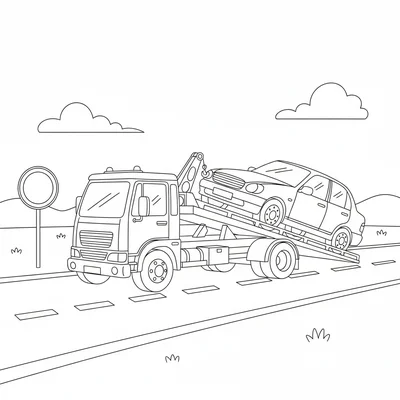 A tow truck dragging a broken-down car onto its flat bed, the car partially coloring page