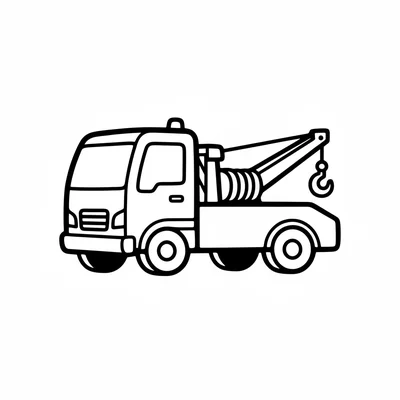 A simple tow truck with a flat bed that tilts, a boxy cab, and a simple hook coloring page