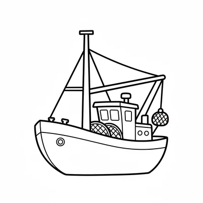 A simple trawler fishing boat with a wide curved hull, a tall mast with a boom coloring page