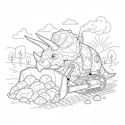 A Triceratops bulldozer, its horns functioning as the dozer… coloring page