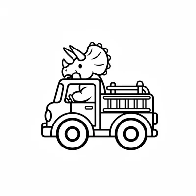 A Triceratops driving a chunky fire engine, its horns sticking up above the cab… coloring page