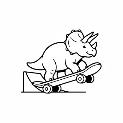 A Triceratops on a chunky skateboard, front legs forward and back legs pushing… coloring page