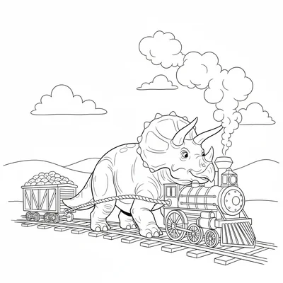 A Triceratops pulling a steam locomotive as the lead engine… coloring page