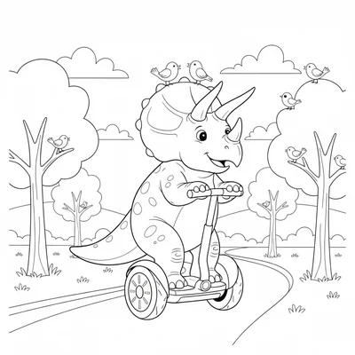 A Triceratops riding a Segway through a park path, one foot… coloring page