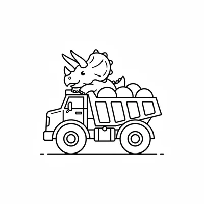 A Triceratops riding in a chunky dump truck, the truck bed filled with large ro… coloring page
