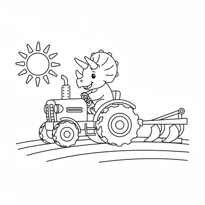 A Triceratops sitting in a chunky tractor on a simple farm field, pulling a lar… coloring page