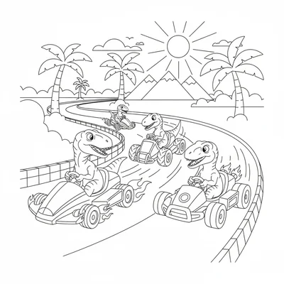 A trio of Velociraptors in go-karts racing around a curve,… coloring page