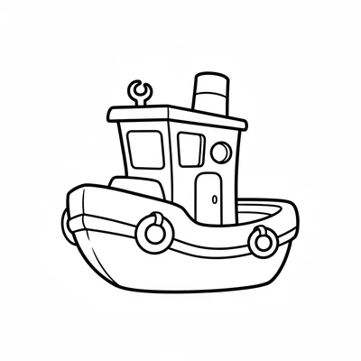 A simple tugboat with a wide boxy hull, a tall rounded smokestack, a large coloring page