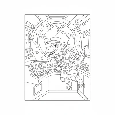 A Velociraptor astronaut floating in a space capsule, helme… coloring page