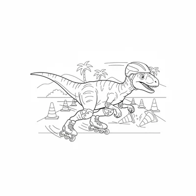 A Velociraptor inline skating at high speed, low crouched s… coloring page