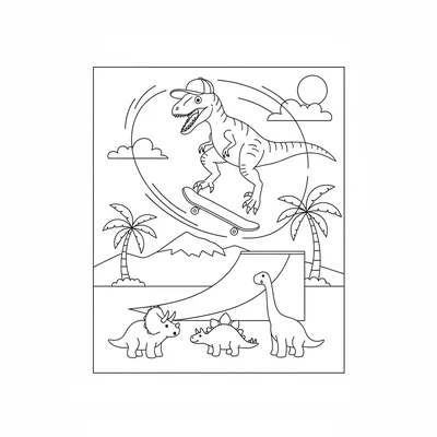 A Velociraptor on a skateboard doing a kickflip over a ramp… coloring page