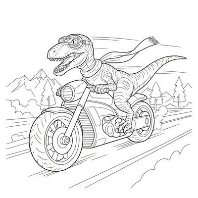 A Velociraptor on a sleek motorcycle leaning into a turn, g… coloring page