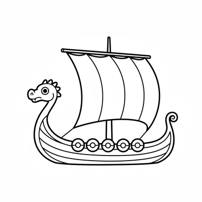 A simple Viking longship with a long narrow hull, a carved dragon head coloring page