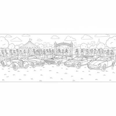 A vintage car rally with 6 classic cars from different eras parked in a line coloring page