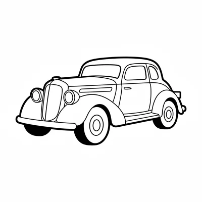 A simple vintage car with rounded fenders over each wheel, a rounded roof coloring page