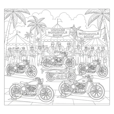 A vintage motorcycle show at an outdoor venue with bikes displayed on stands coloring page