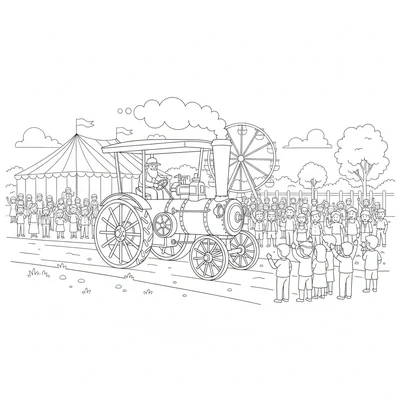 A vintage steam tractor at a farm fair, chugging along slowly, smoke coloring page