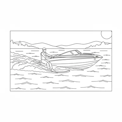 A water skier behind a speedboat, the skier cutting across the wake, the boat coloring page