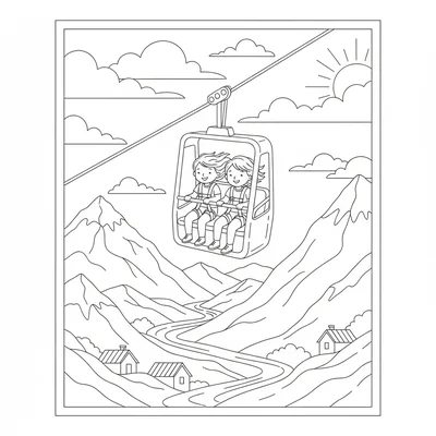 A zipline ride car descending a steep cable between two mountain peaks coloring page