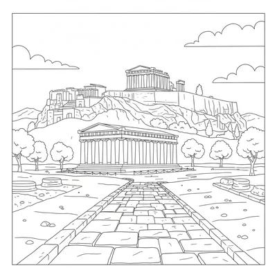 The Acropolis from the ancient Agora level, the Parthenon visible high coloring page