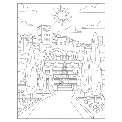 The Alhambra with gardens, the fortified wall and tower of the Alcazaba visible coloring page
