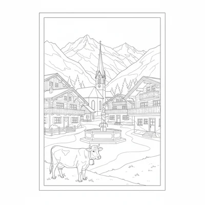 An Alpine Swiss mountain village with a church steeple, chalets with carved coloring page