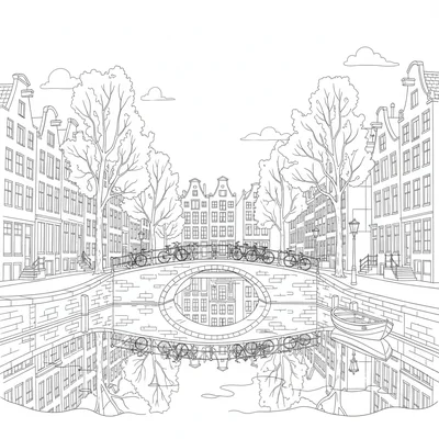 A Amsterdam canal scene with four-story canal houses, their distinctive gabled coloring page
