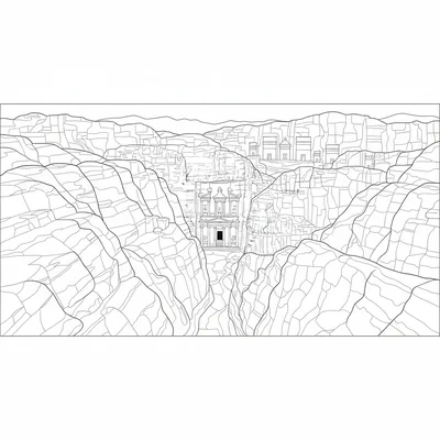 The ancient city of Petra shown in a wide panorama from above the Siq entrance coloring page